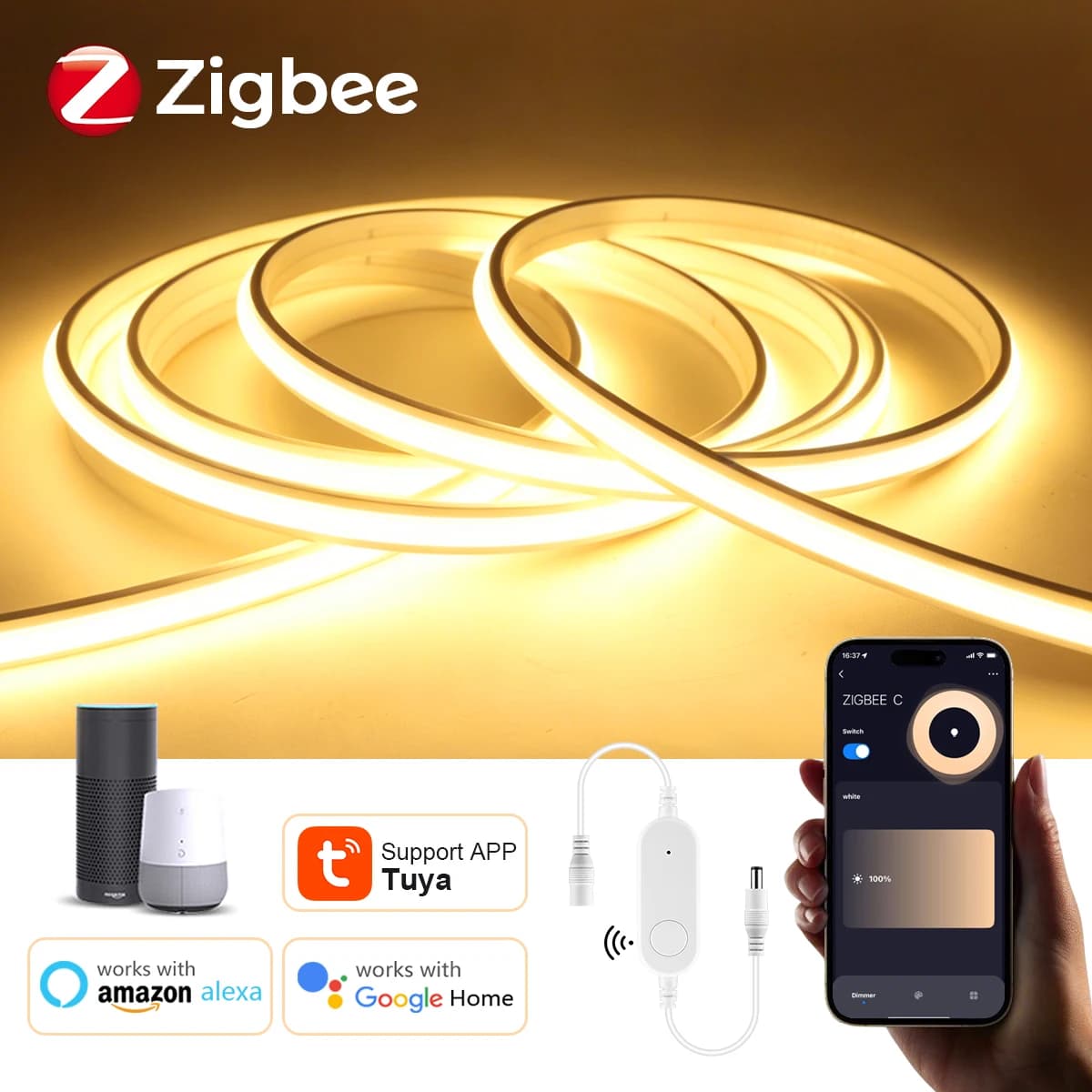 Striscia LED Neon Tuya Zigbee 24V WiFi, Luce Uniforme e Soffusa, Nastro Neon Dimmerabile per Illuminazione Sottopensile, Cucina, Camera da Letto, Decorazione