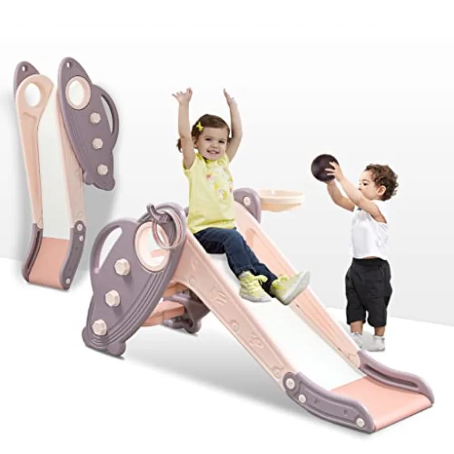 Slide for Toddlers Age 1-3 Indoor Baby Plastic Slide Outdoor Climber Freestanding Playset with Basketball Hoop and Ring Game Pi