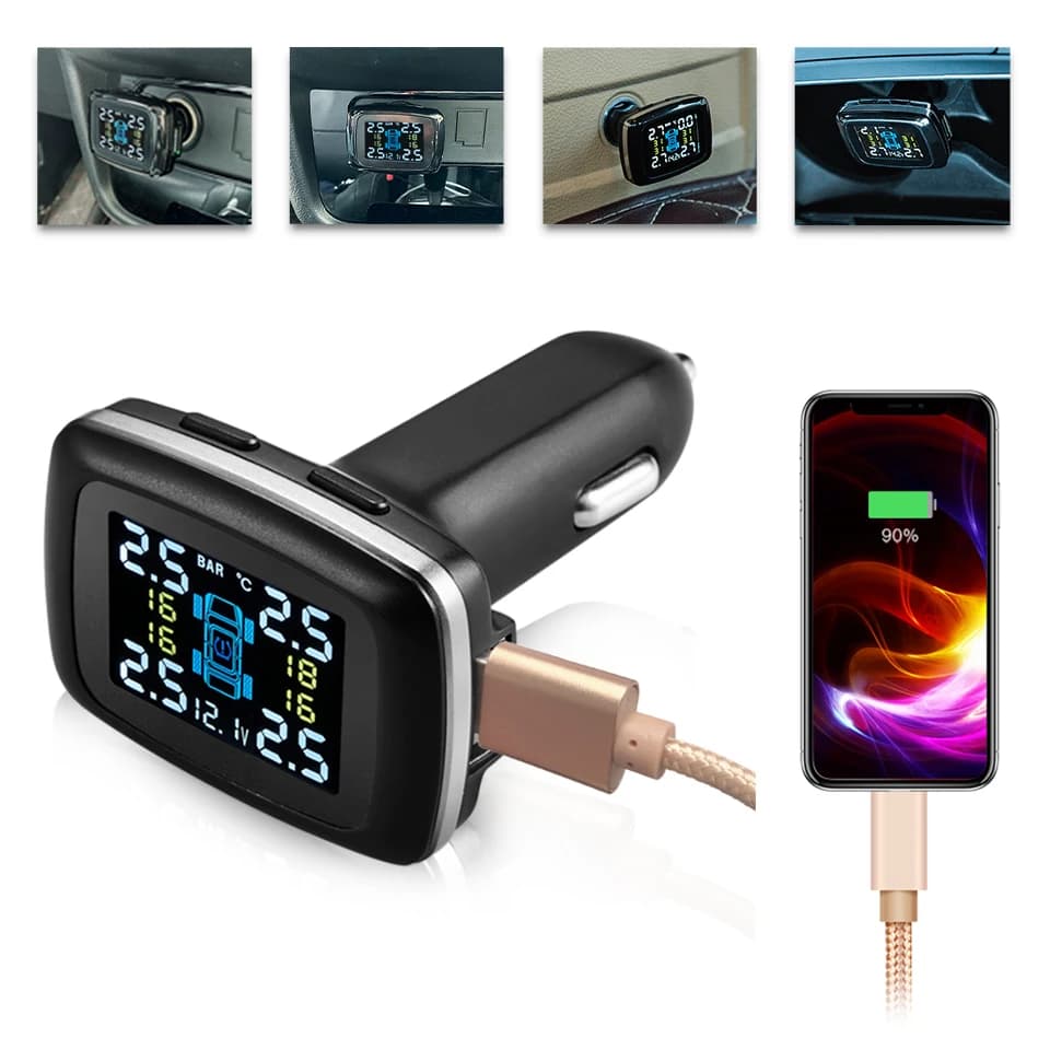 Sistema di Monitoraggio Pressione Pneumatici TPMS, Manometro Digitale, Rilevatore Elettronico di Pressione Pneumatici per Auto con Accendisigari