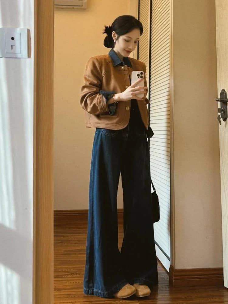 American Retro High Waist Double Buckle Wide Leg Jeans Women's Autumn Winter New Loose Slimming Draping Straight Long Pants