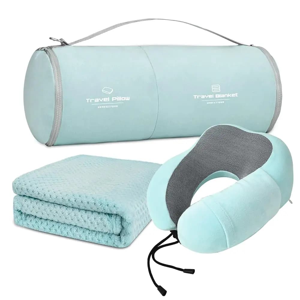Set da Viaggio con Cuscino e Coperta, Cuscino per il Collo in Memory Foam per Aereo, Compatto con Borsa, Blu e Verde, Spedizione Gratuita