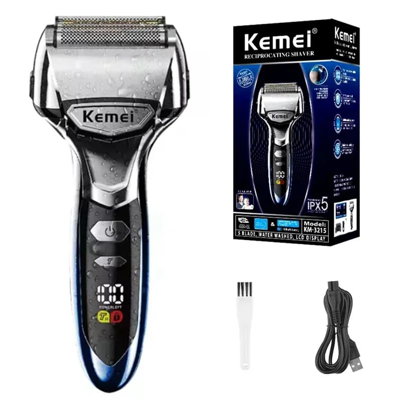 Kemei Km-3215 Rasoio elettrico con sistema a 5 lame per uomo Viso Barba Rasoio elettrico asciutto e bagnato Macchina da barba ricaricabile per testa calva