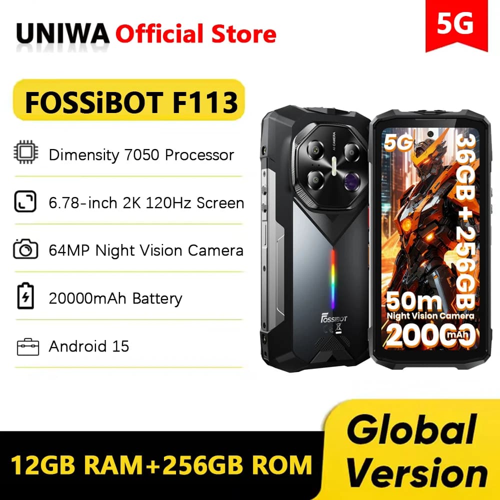 FOSSiBOT F113 5G Smartphone robusto Android 15 6,78 pollici 36GB + 256GB 20000mAh 33W 108MP Luce da campeggio NFC Telefono cellulare sbloccato