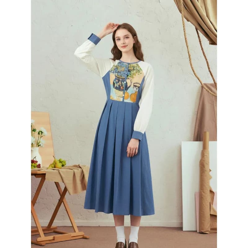 Van Gogh-Inspired Color Block Pleated Skirt Dress with Raglan Sleeves