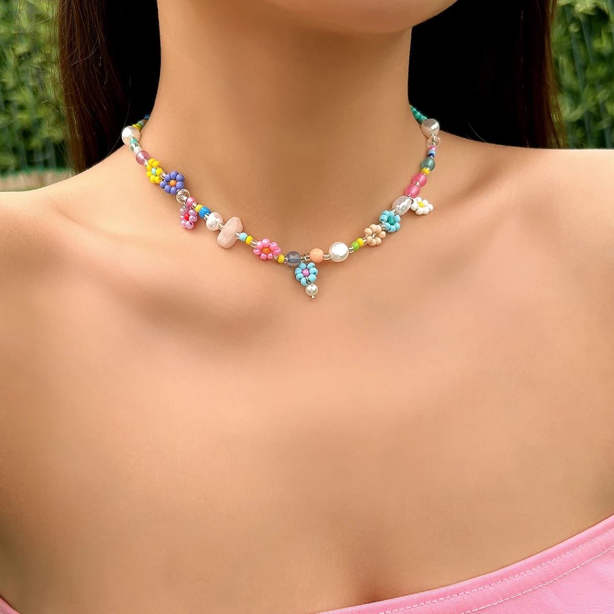 Boho Colorful Small Seed Bead Weave Flower Necklace for Women Handmade Short Round Neck 2023 Fashion Jewelry Accessories