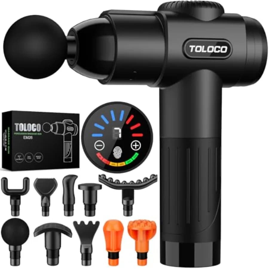 Massage gun for deep fabrics for athletes, black percussion massager with 10 accessories, silent motor without brushes to relieve pain
