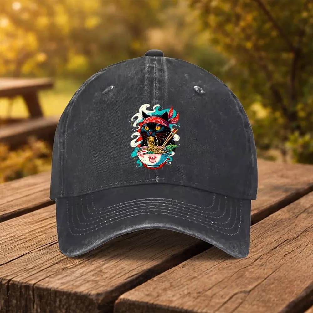 Cappello da baseball con grafica gatto nero che mangia ramen, regolabile, in denim lavato, casual, per esterni
