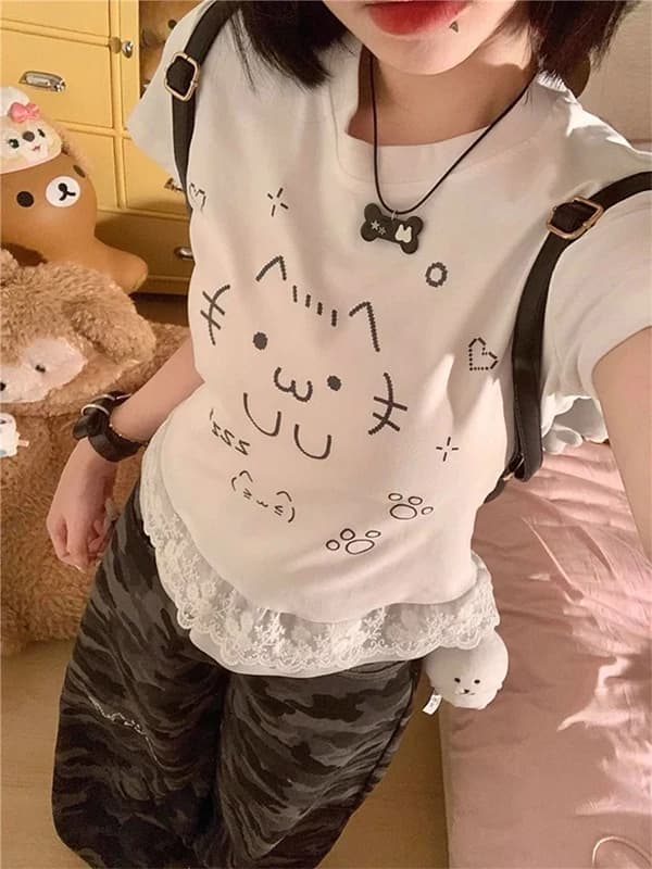 Retro American White Print Short Sleeve T-Shirt Women's Summer Slim Lace Splice Sexy Short Top Korean Style Commute Wind