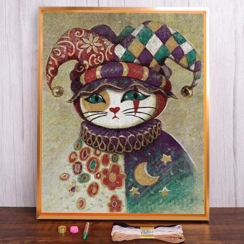 Clown Cat Printed Canvas 11CT Cross-Stitch Embroidery Set DMC Threads Handiwork Craft Handicraft Painting Mulina Stamped Gift