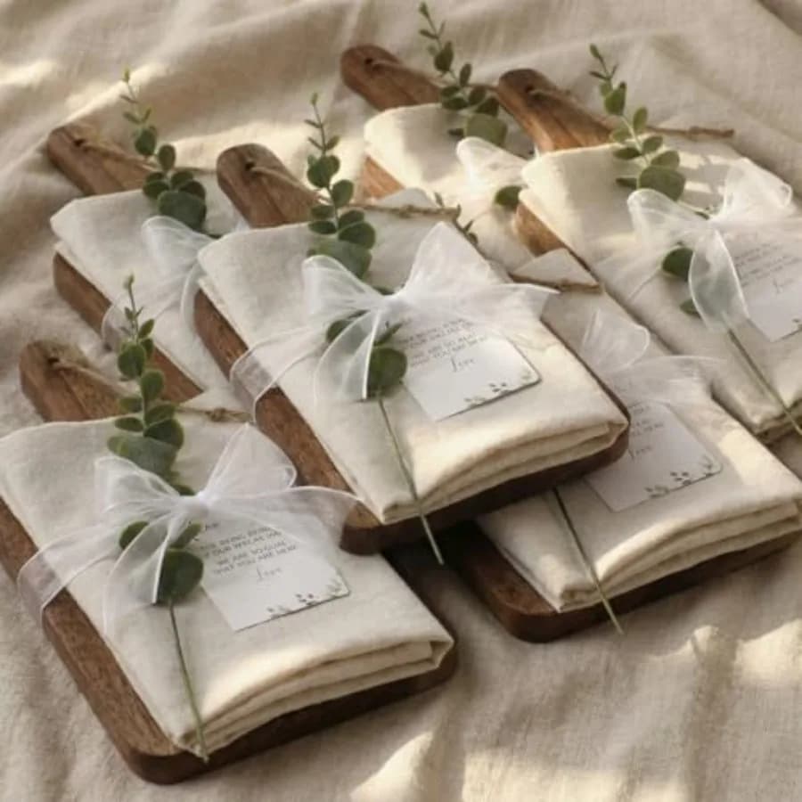Set Regalo di Nozze da 6 Pezzi per Donne, Regali di Inaugurazione Casa, Include Tagliere, Tovaglioli in Lino, Nastri con Steli di Eucalipto e Biglietto di Ringraziamento