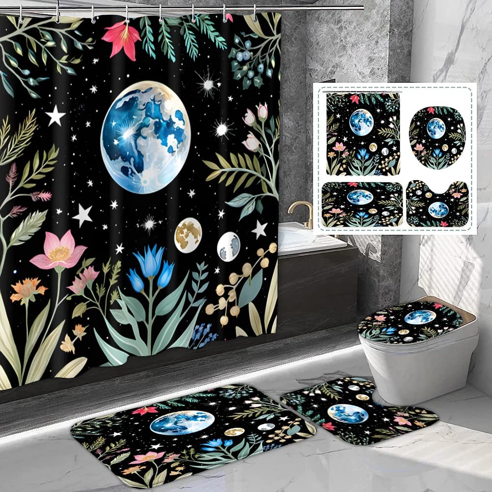 1 set di tende da doccia in poliestere stampato con giardino di fiori di luna blu, stile romantico e sognante, con tappetini da bagno con ganci in plastica