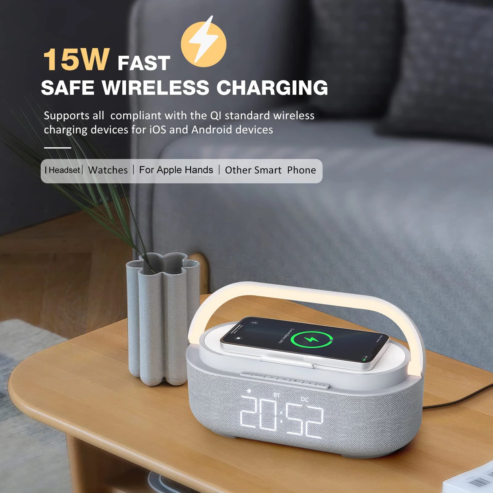 Altoparlante Bluetooth da 2500 mAh con caricatore wireless, radio FM e luce dimmerabile - Altoparlante doppio portatile per camera da letto, ufficio e regali