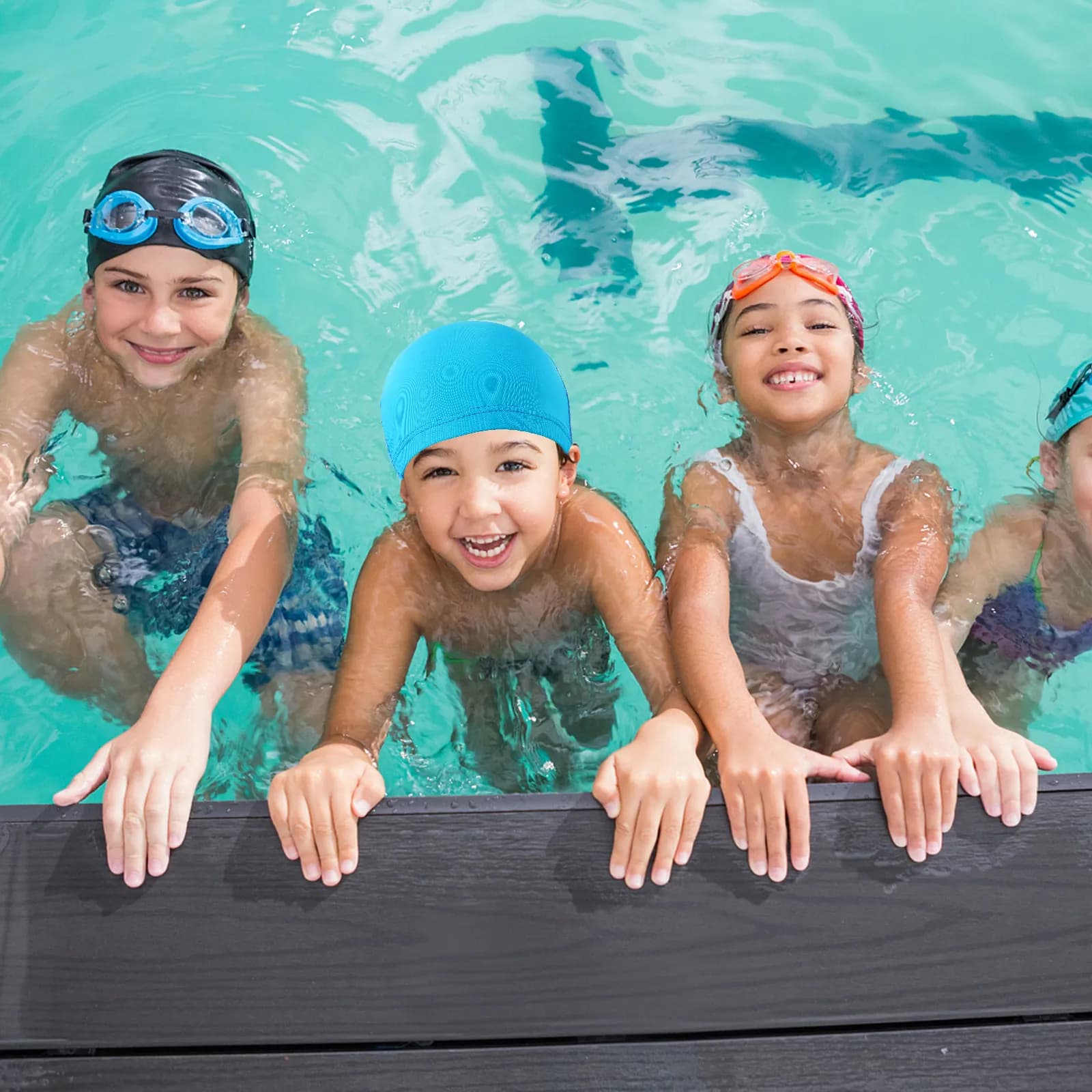 4 pezzi di cappelli da nuoto in nylon, morbidi, elastici, comodi e traspiranti, per uomini, donne, bambini, adatti per capelli lunghi