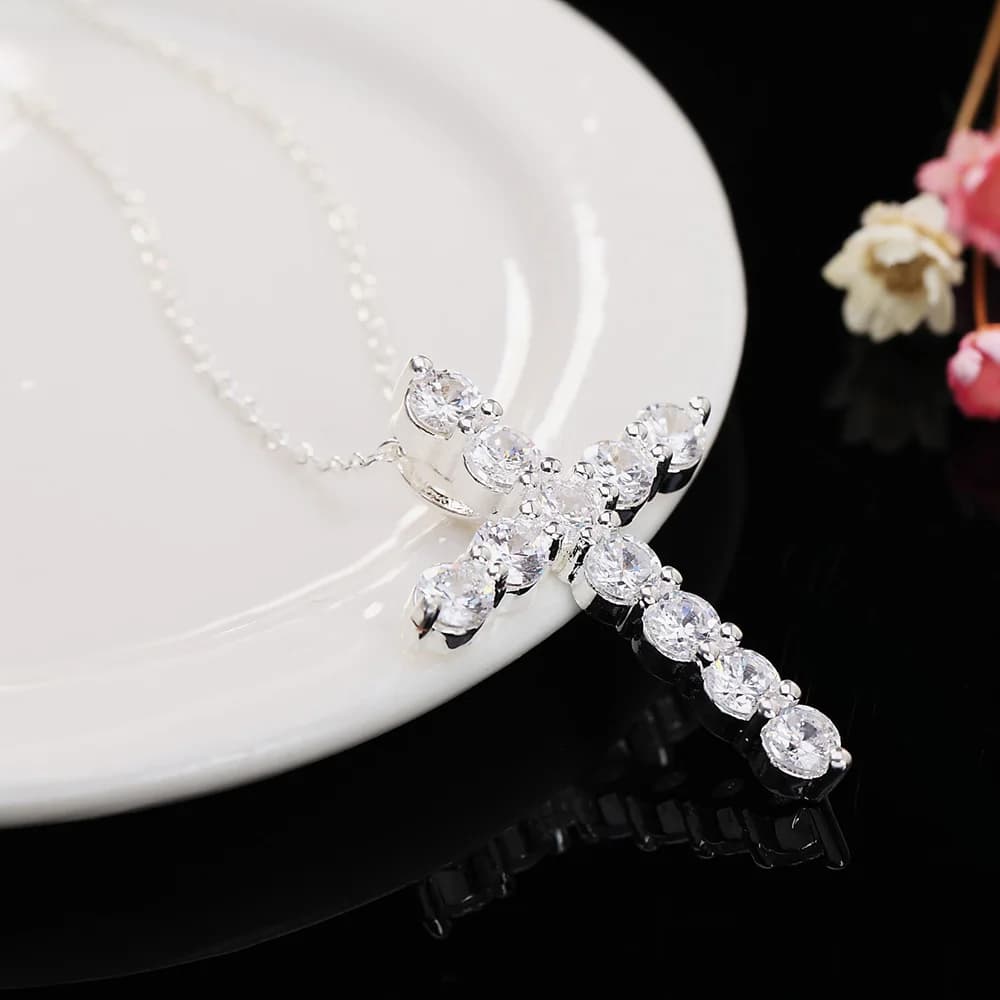 925 Sterling Silver Zircon Cross Chain Pendant Necklaces For Women Vintage Wedding Jewelry Accessories Wholesale Jewellery