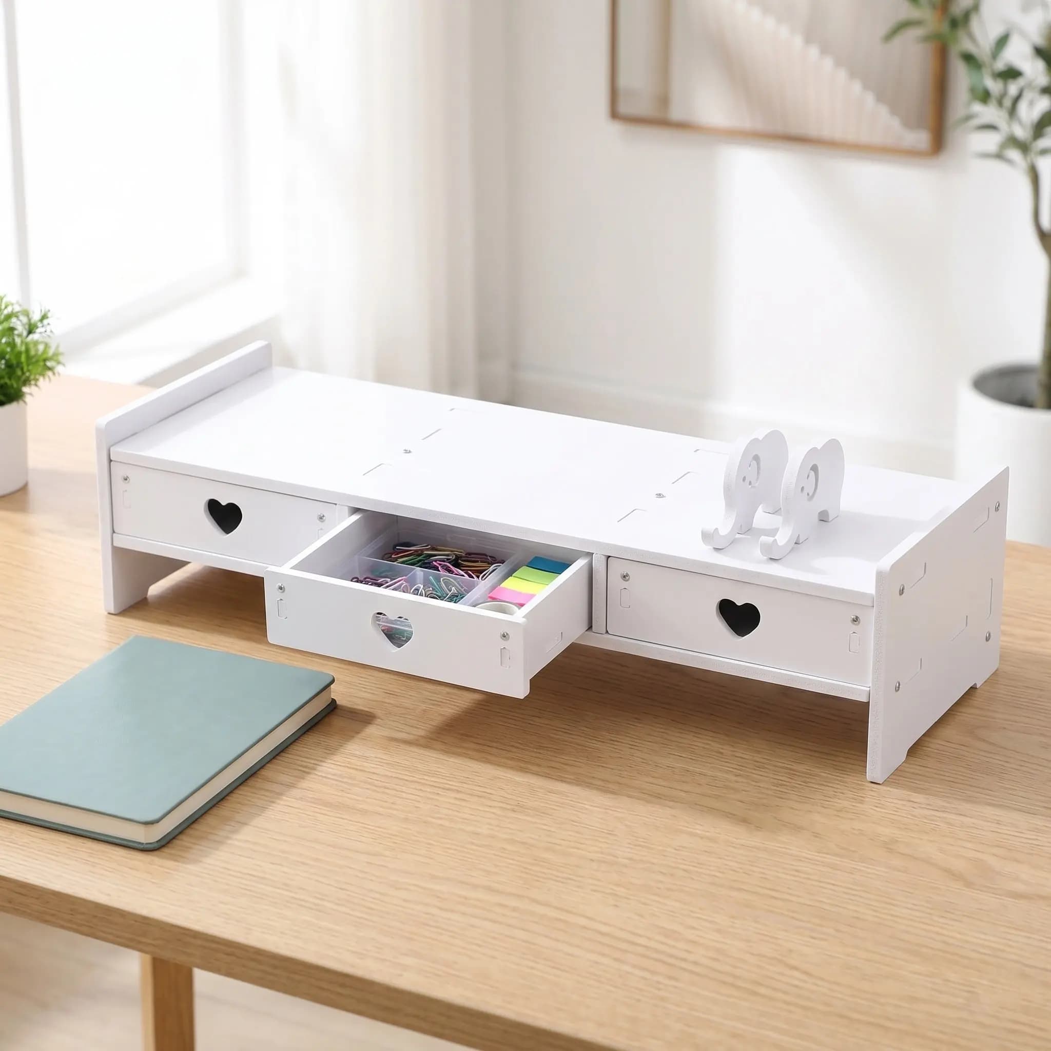 Modern Monitor Riser with Built-in Drawer Keyboard Storage Space Minimalist PVC Wood-Plastic Composite Desk Organizer Stand