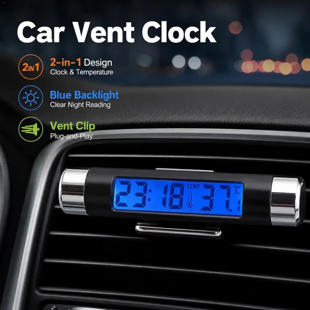 2 in 1 Car Air Vent Clock Thermometer Digital LCD Display With Blue Backlight Auto Outlet Clip Electronic Temperature Gauge
