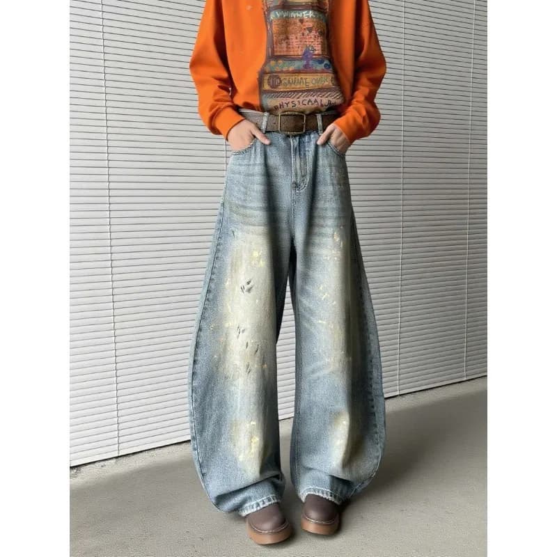 High Street Ink Splash Dirty Dye Distressed Design Scimitar Jeans da uomo Pantaloni lunghi casual larghi dritti stile americano
