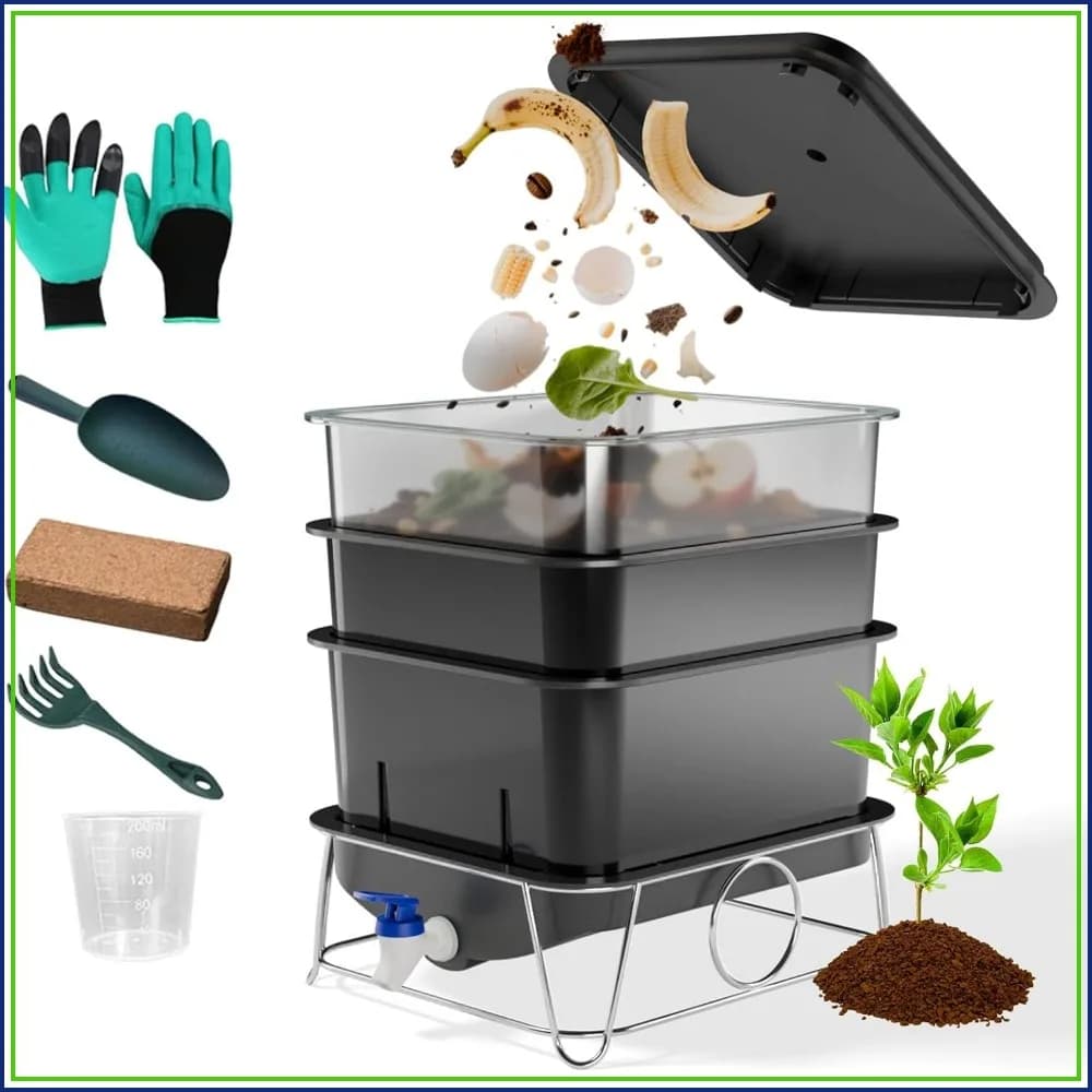 3-Tray 15L Worm Farm Composting Bin with Tool Set - Efficient Indoor/Outdoor Composter for Organic Waste Recycling, Beginner-Friendly Kit for Healthier Plants