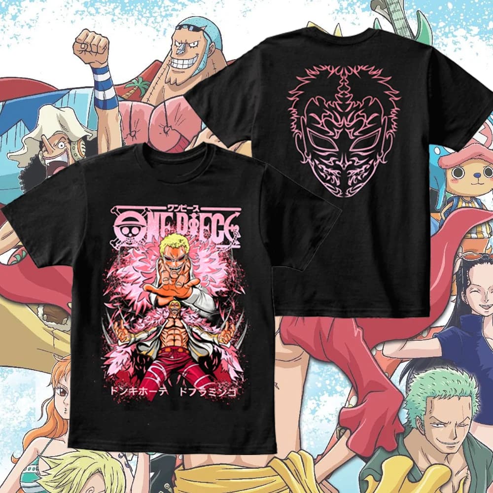 T-shirt con stampa fronte-retro del personaggio anime Doflamingo, per uomo, bambino, ragazzo, ragazza, streetwear, a maniche corte, per i fan