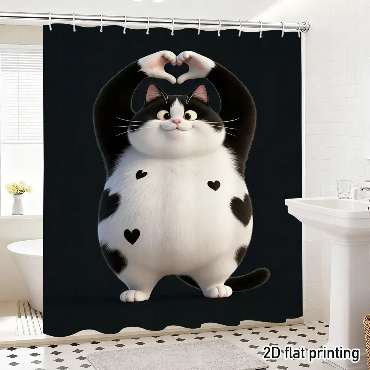 Tenda da Doccia con Gatto Carino e Grasso, Stampa 3D Cartone Animato Gatto Bianco e Nero con Cuori, Divertente Stampa Animale, Decorazione Bagno Bambini, Tessuto Impermeabile