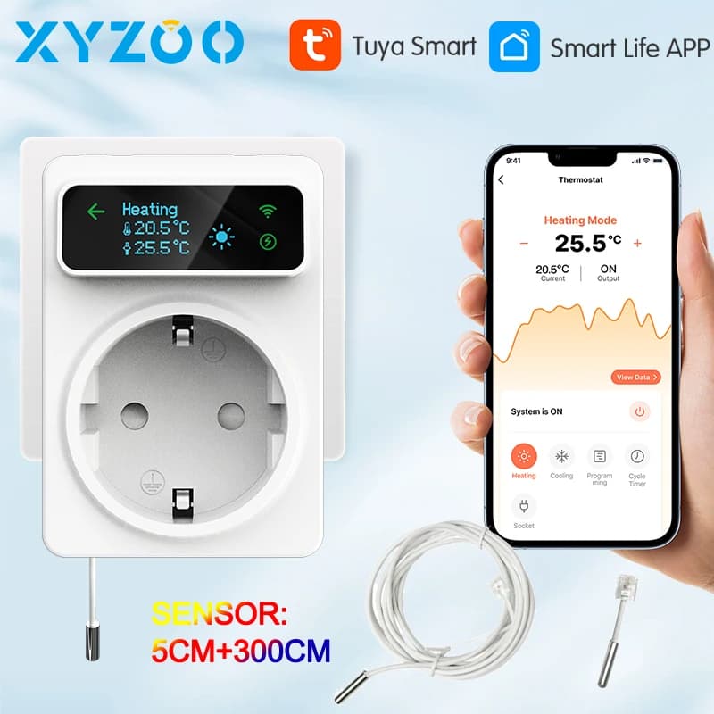 Intelligent socket 16A Temperature controller WiFi Tuya Thermostat Plug In Heating Cooling Mode Remote control Alexa Google Home