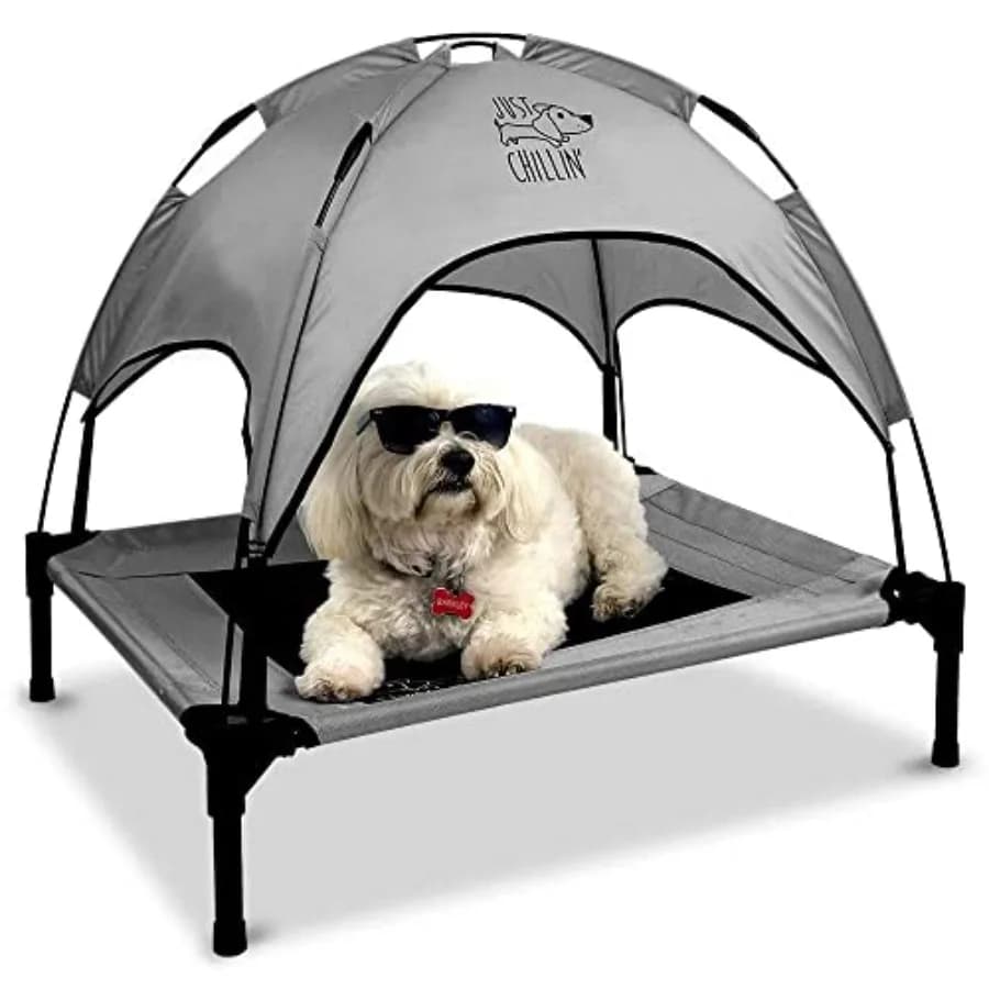Cuccia rialzata per cani Just Chillin'. Lettino rinfrescante con tettuccio rimovibile. Uso per animali domestici all'interno o all'esterno. Leggero e Portatile. Rilassati