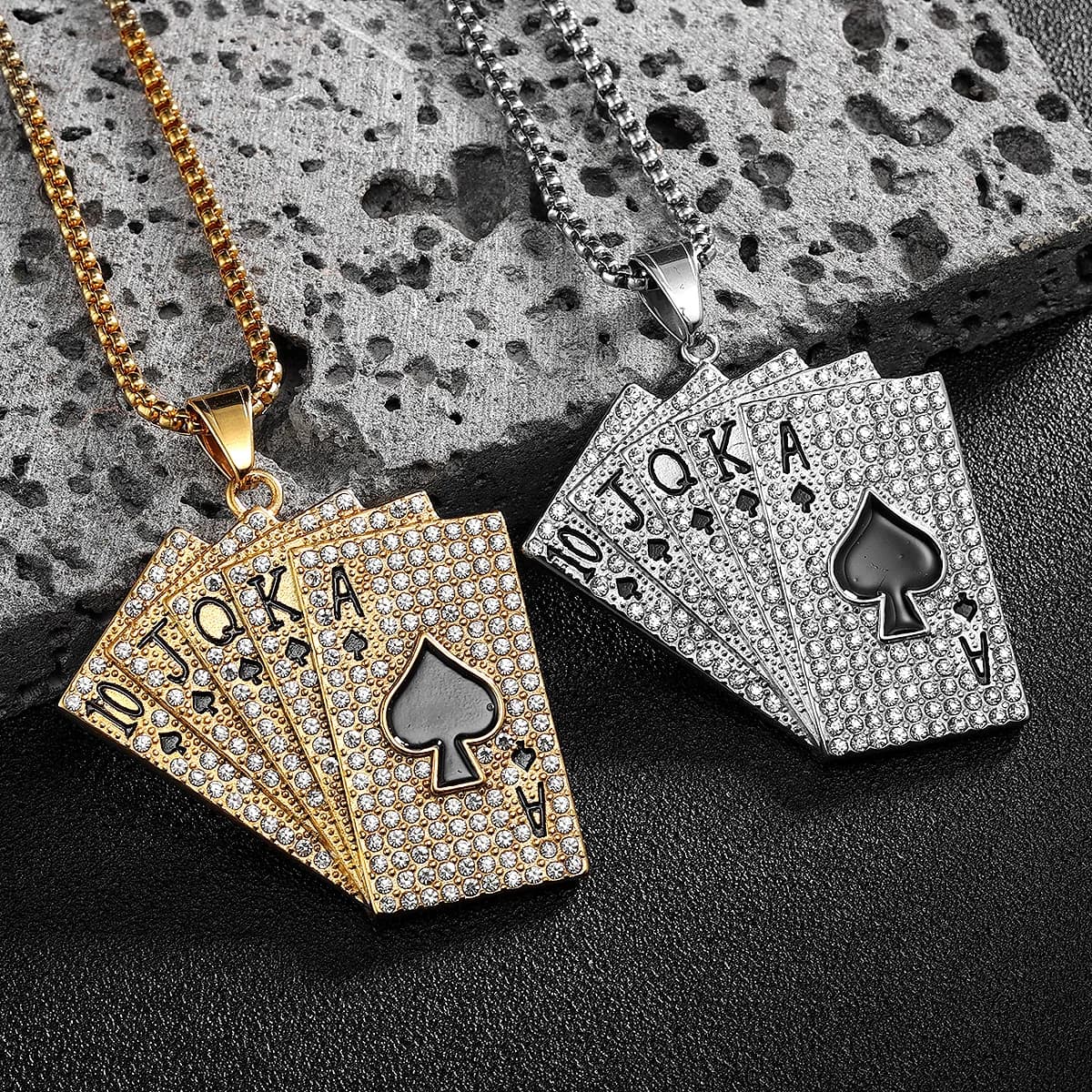 Lucky Poker Flush Gemstone Men Necklaces With Pendant Stainless Steel Jewelry Women Punk Hip Hop Accessories Gifts Wholesale