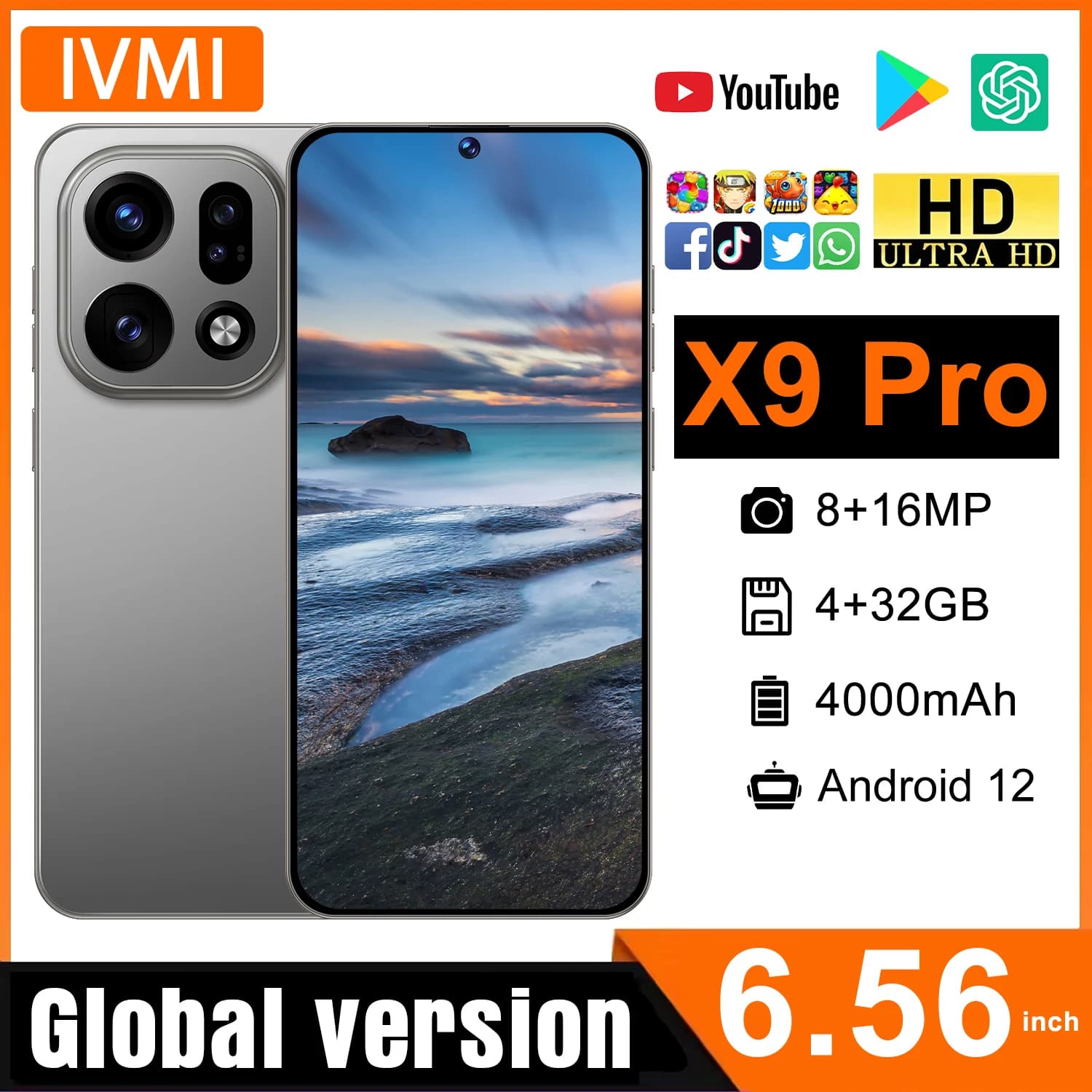 Smartphone IVMI X9 Pro Android 12 con schermo da 6,56 pollici, 4+32GB, fotocamera 8+16MP, batteria da 4000mAh, per telefoni cellulari con rete 4G.