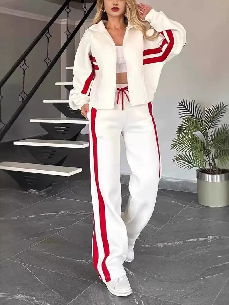 Set Sportivo Casual da Donna con Top a Righe con Zip, Pantaloni Lunghi, Maniche Regolari e Chiusura con Zip per Tutte le Stagioni