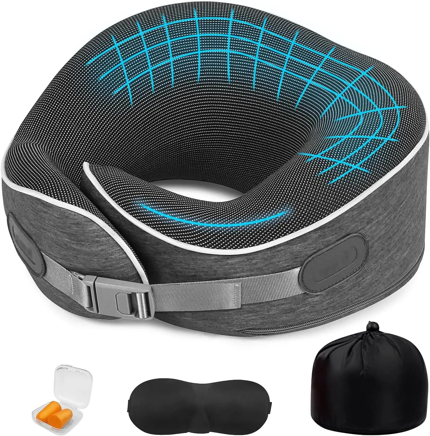 360 ° Cuscino Ergonomico in Memory Foam per il Collo da Viaggio - Supporto per Testa e Collo per Dormire in Aereo, Auto, Treno e Ufficio (Grigio Scuro)