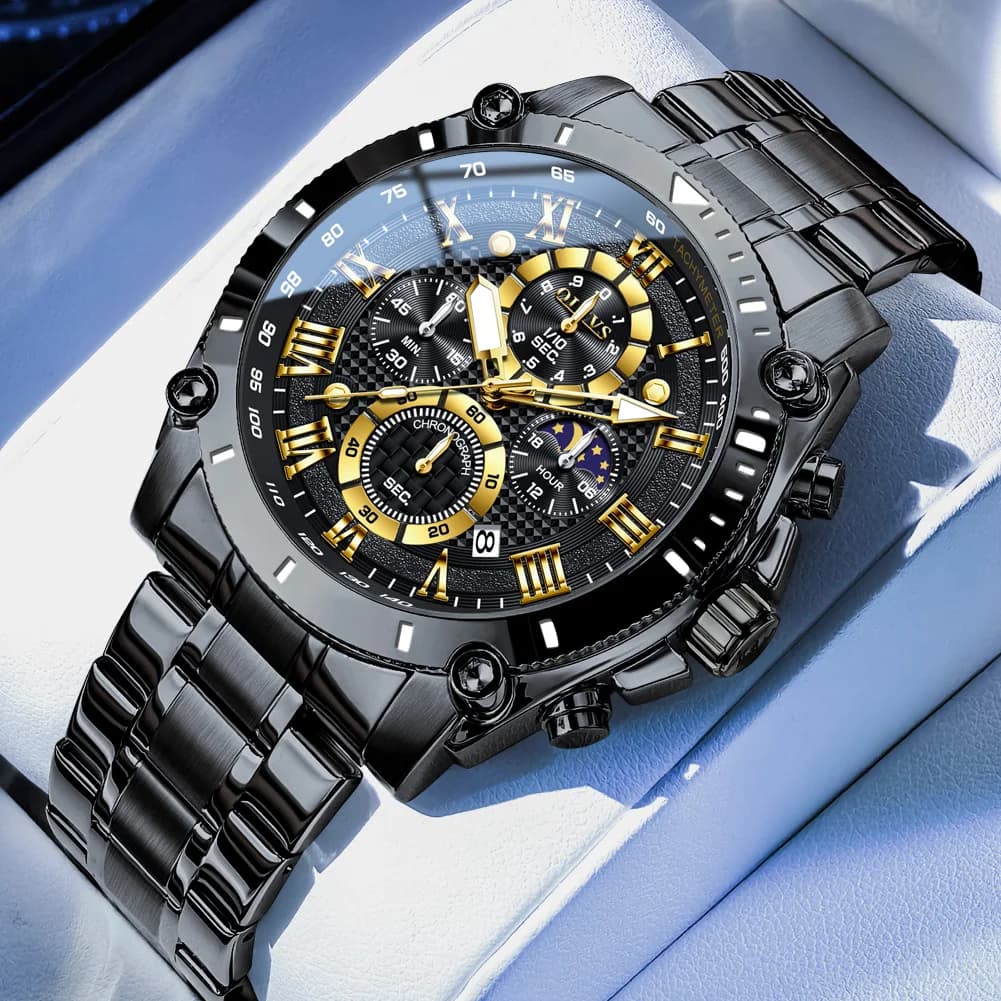 OLEVS cronografo di lusso orologio al quarzo in acciaio inossidabile nero per uomo calendario luminoso impermeabile fasi lunari orologi da uomo