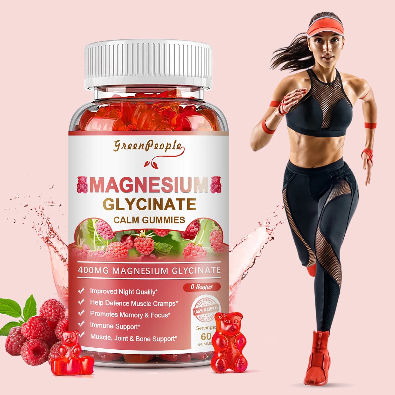 Magnesio glicinato Gummies 400mg senza zucchero magnesio potassio integratore con vitamina D, B6, CoQ10 supporto e sonno per adulti