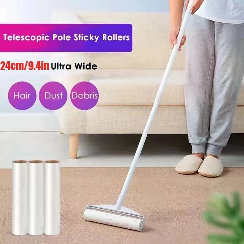 Rullo leva-pelucchi largo 24 cm con superficie adesiva ampia e manico lungo regolabile, spazzola per la rimozione di peli di animali domestici e polvere per tappeti, pavimenti e tende