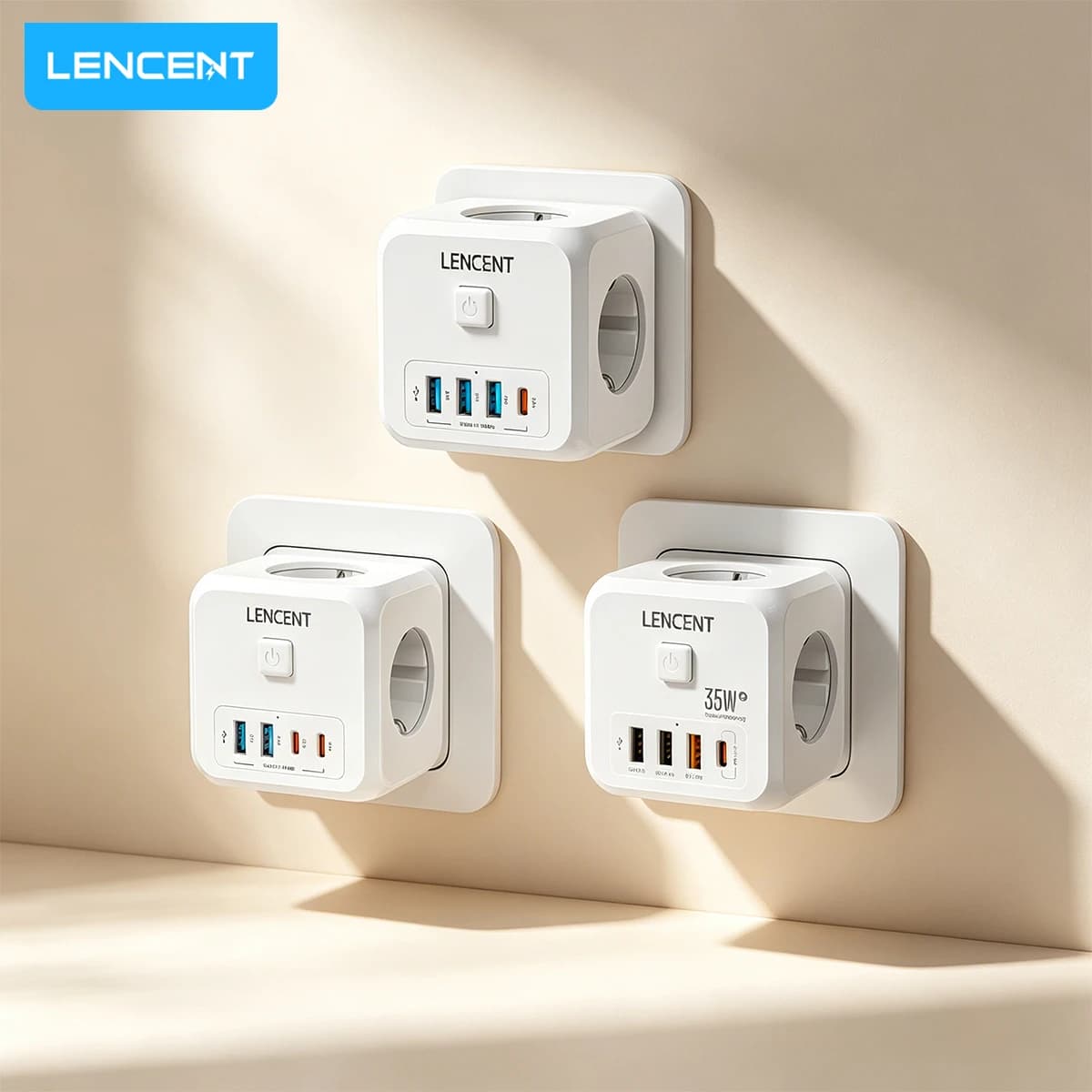 LENCENT Multi USB Presa a muro Cube con prese 3AC USB-A e tipo C Ciabatta 7 in 1 Presa EU Interruttore on/off per la casa