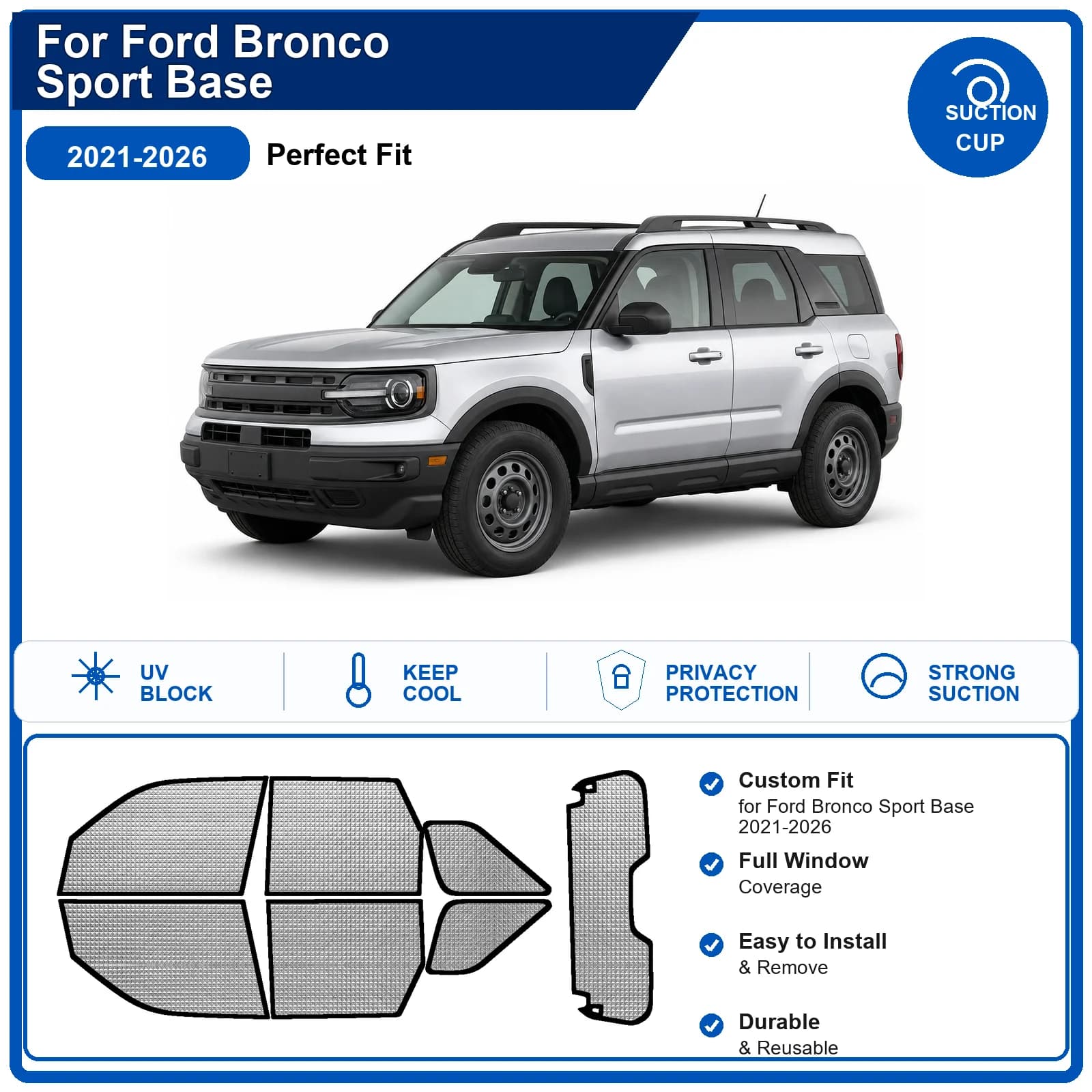 For Ford Bronco Sport Base 2021-2026 Custom Full Set Windshield Sun Shade Aluminum Foil Heat Insulation Anti UV Foldable
