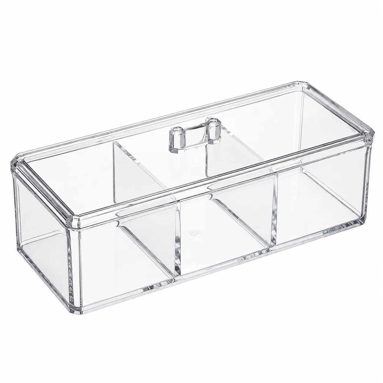 Clear PET 3-Compartment Storage Box with Lid for Cotton Swabs Cosmetic Pads Jewelry Stationery Desk Vanity Organizer Case
