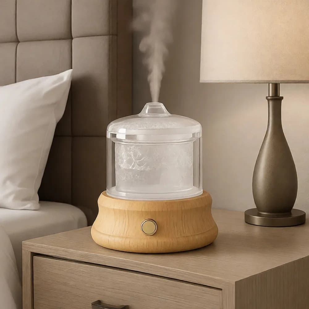 Piccolo Diffusore di Aromi a Ultrasuoni da 80ml con Serbatoio in Vetro, Base in Legno, Luce a 7 Colori e Spegnimento Automatico