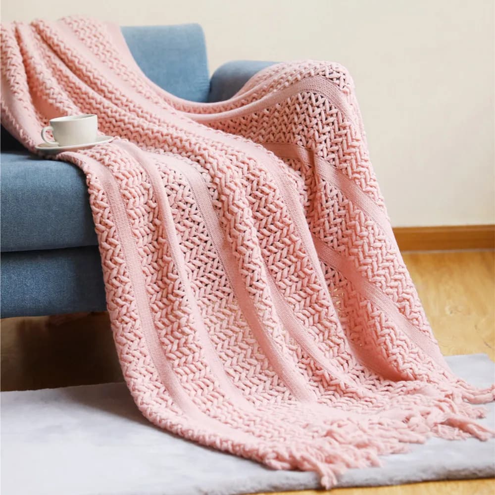 Coperta in Maglia a Quadri Nordica Estetica, Morbida e Accogliente per Letto e Divano, Leggera, Regalo, Rosa Crema, per Viaggi, TV, Pisolini, Arredamento Casa