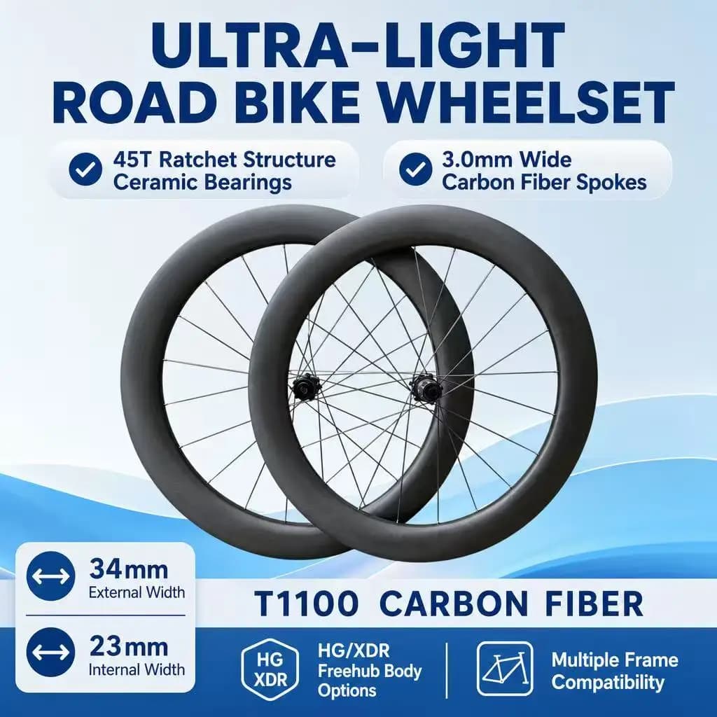 700C Road Bike Wheelset 3.1mm Carbon Spoke 54T Ratchet Hub 34mm Outer 23.5mm Inner Width Vacuum Carbon Fiber Bike Wheel Set