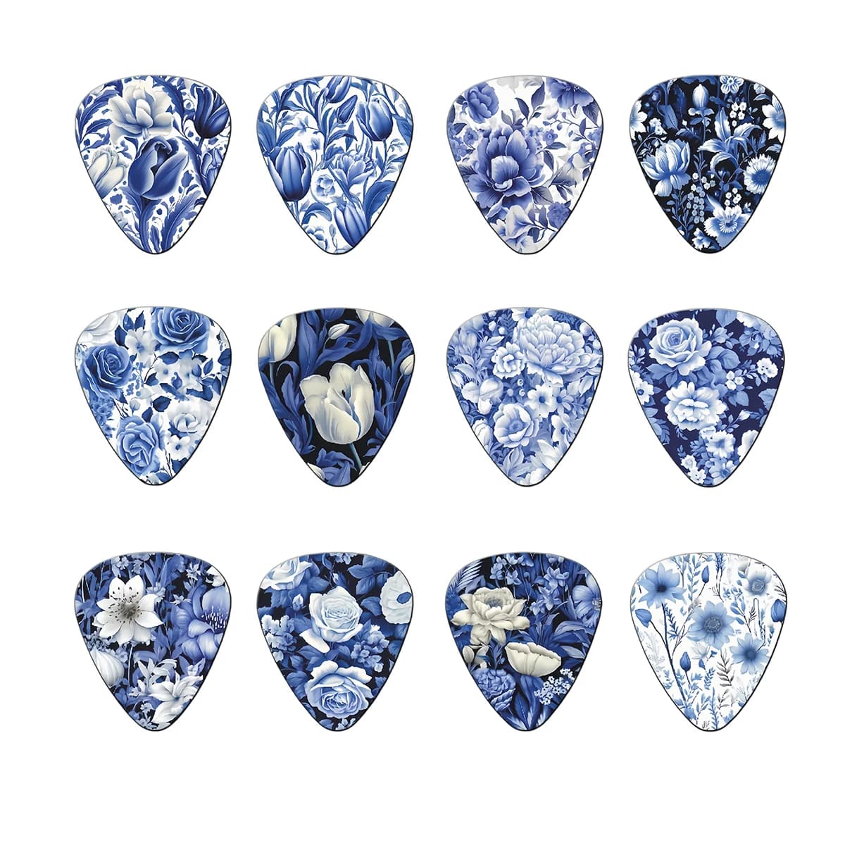 Nuovo set di plettri per chitarra da 12 pezzi in porcellana bianca e blu, modello unico, stampa fronte-retro, accessori per strumenti musicali