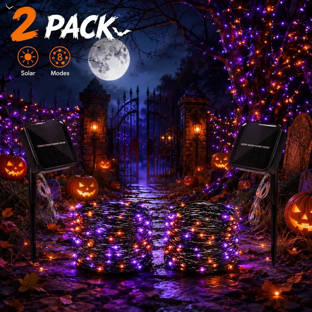 2 Pack Halloween Solar Powered LED String Lights with 8 Modes Outdoor Black Copper Wire Fairy Lights For Garden Yard Porch Decor