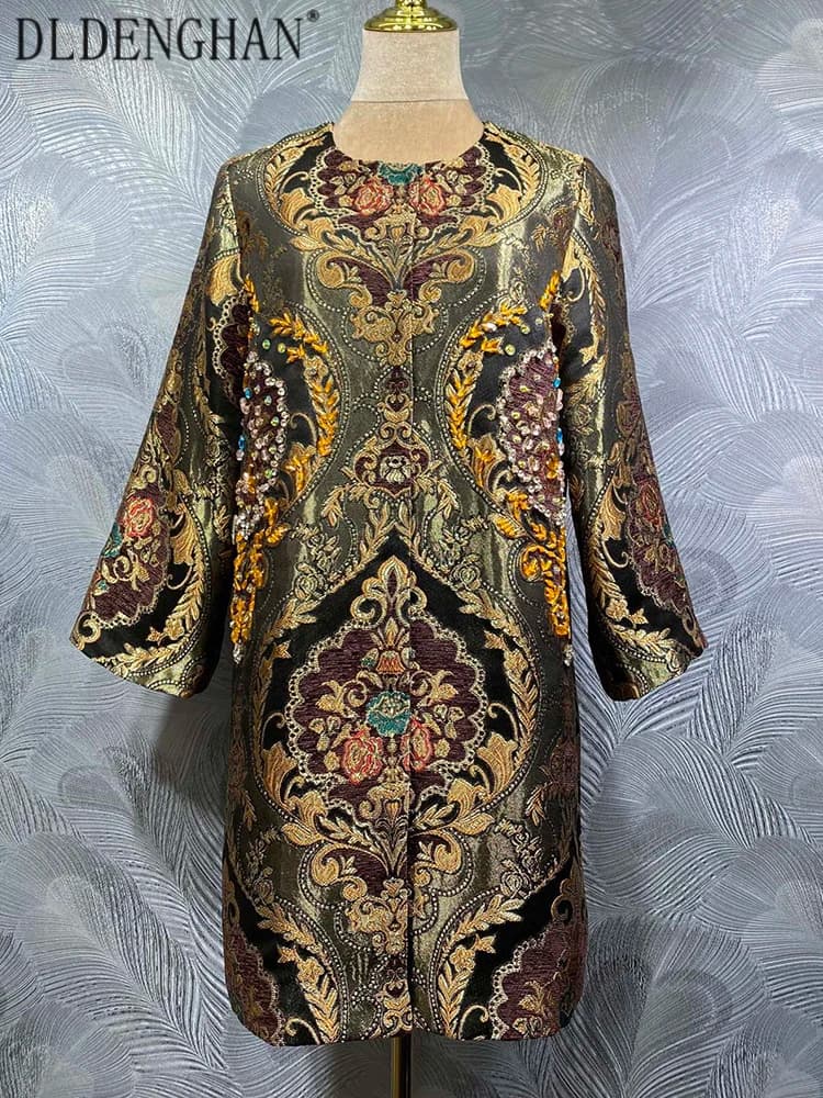 DLDENGHAN Paillettes Diamanti Cappotto Jacquard Vintage Per Le Donne O-Collo 4/3 Maniche Bottone Nascosto Tuta Sportiva Moda Autunno Femminile