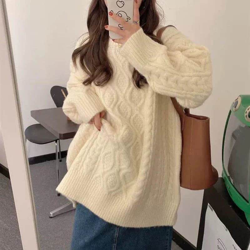 Maglione da donna in maglia a trecce grosso rosa avorio girocollo oversize maglione pullover autunno inverno outfit