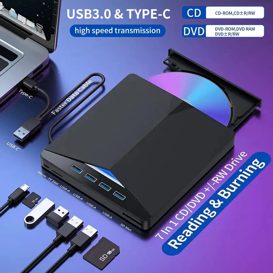 7-in-1 USB 3.0 Tipo C TF SD CD esterno DVD RW Unità ottiche Masterizzatore DVD Lettore Lettore Tipo di vassoio per PC Laptop Notebook