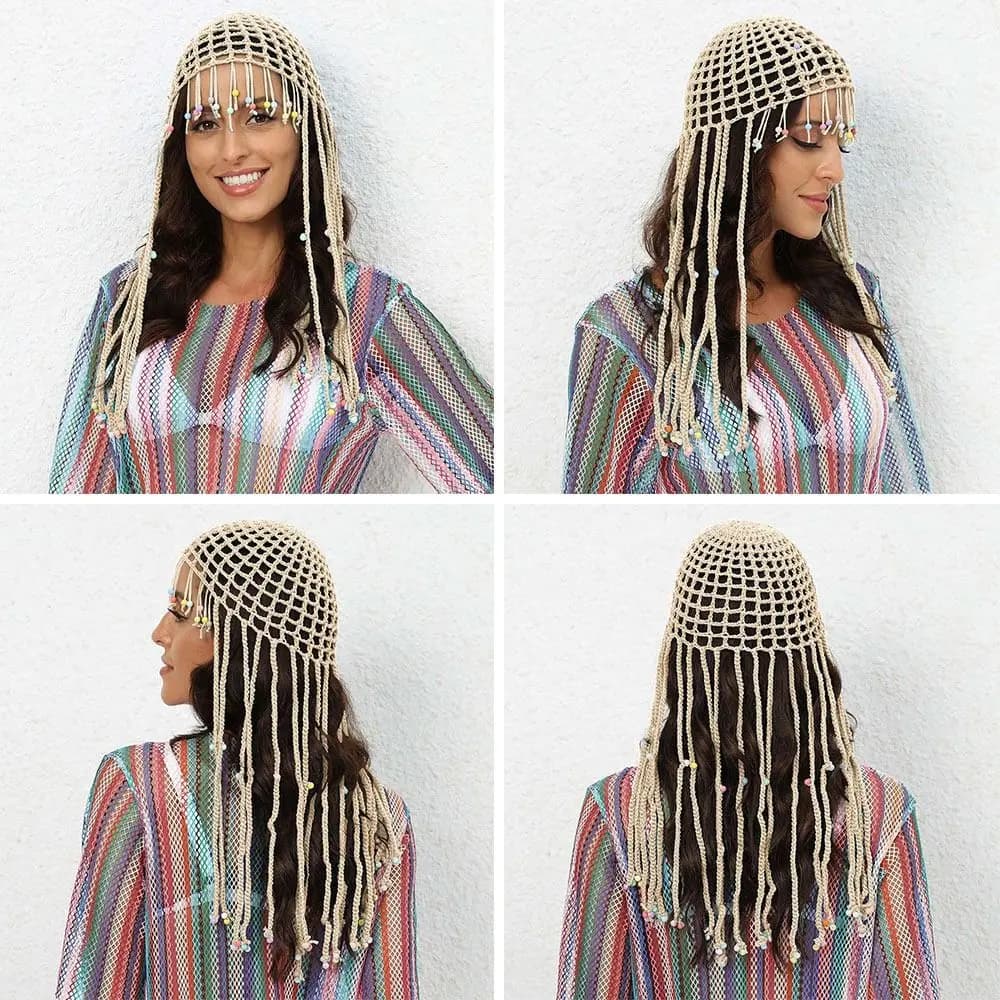 Breathable Hollowed Out Knitted Hat Handmade Y2k Beret Cap Casual With Beads Tassle Crochet Hats for Women