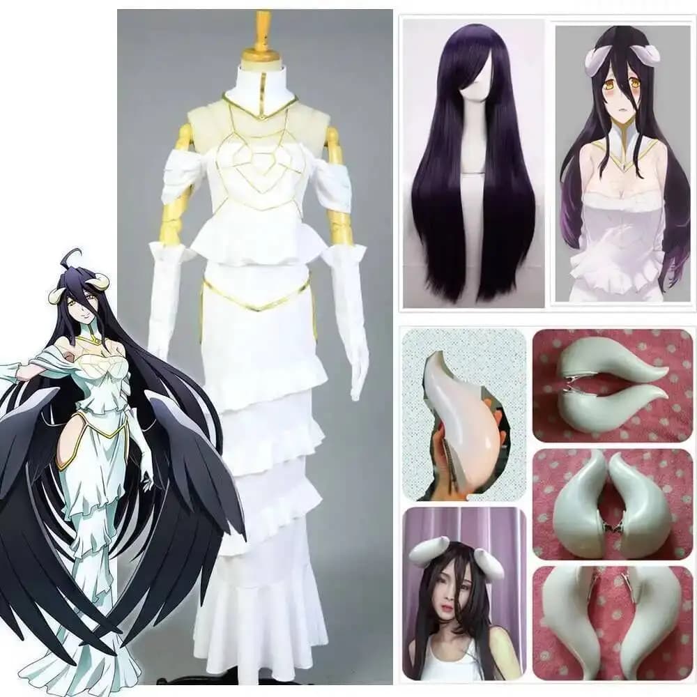 HOT Overlord Albedo Cosplay Abito bianco Abito a sirena sexy per le donne Gonna estiva Abbigliamento per adulti Costume cosplay + Corna + Parrucca