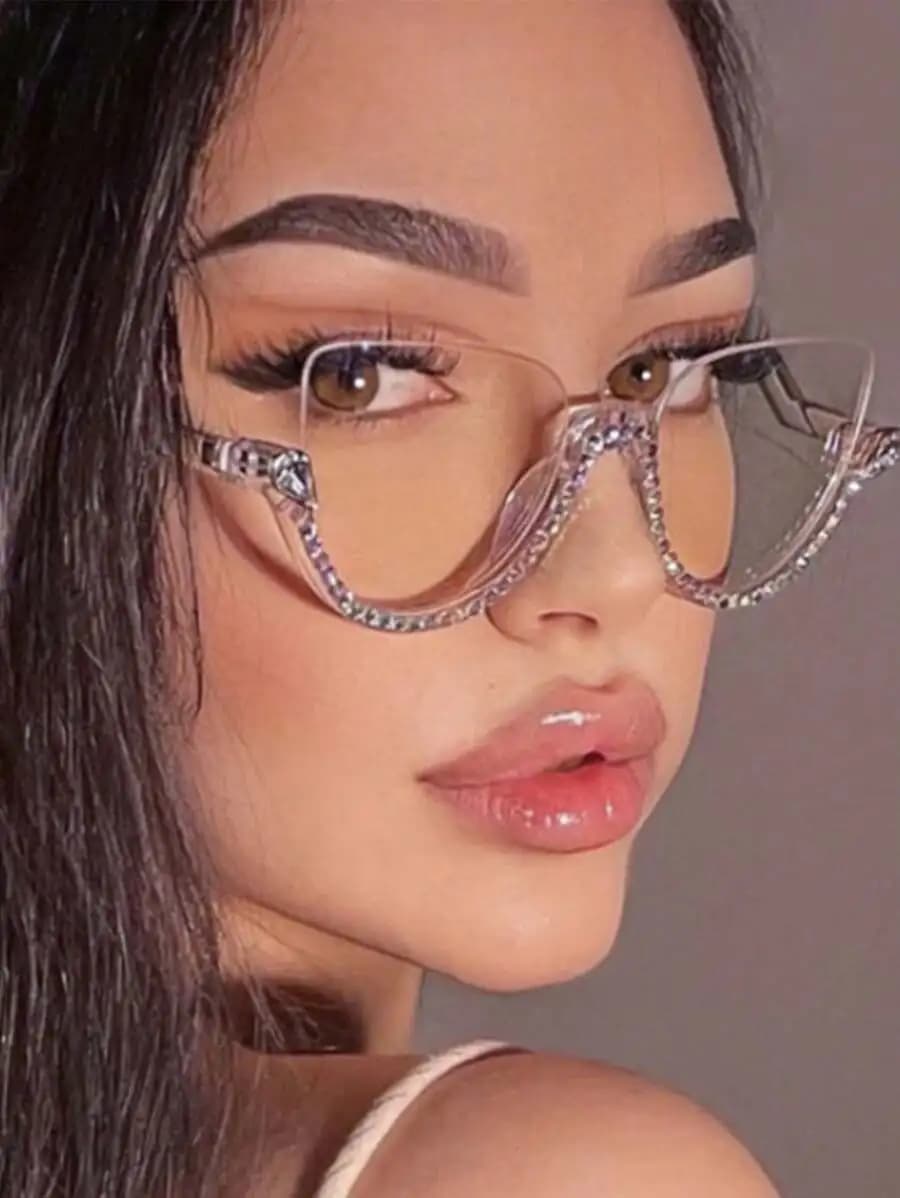 Semi-Rimless Rhinestone Clear Lens Glasses Vintage Fashion Eyewear