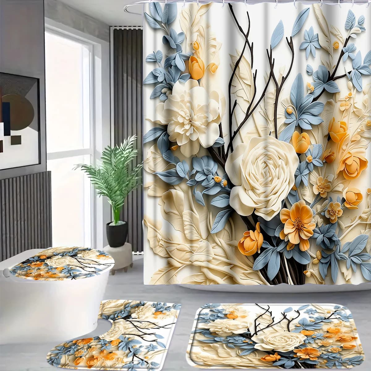 Set di 4 tende da doccia floreali 3D con ganci, tappetino da bagno in tessuto impermeabile resistente alla muffa con stampa di peonie blu e arancioni per l'arredamento del bagno di famiglia