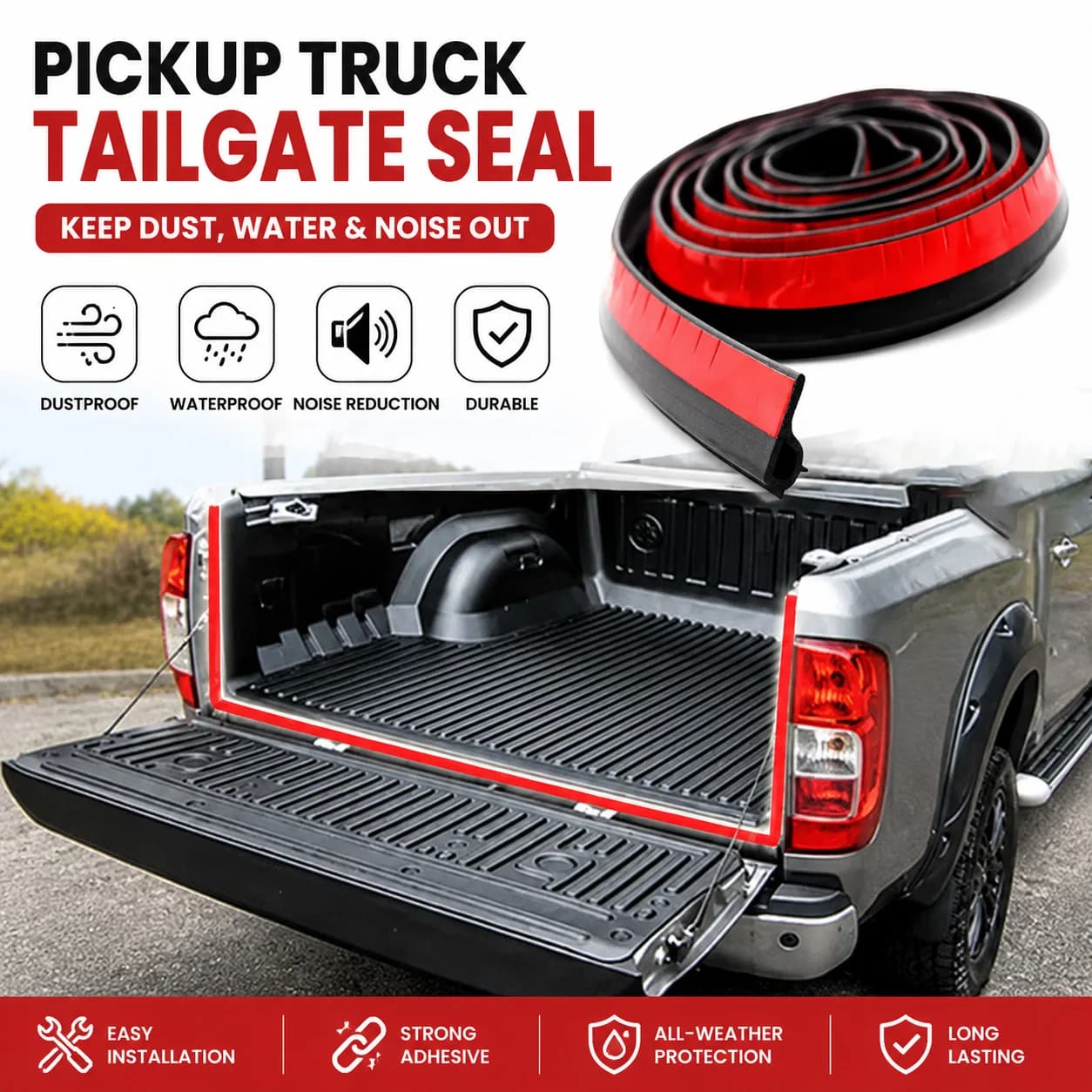 1Pc 3m Pickup Weather Stripping Rubber Adhesive Tailgate Seal Kit Car Door Sealing Strip Universal Car Exterior Accessories