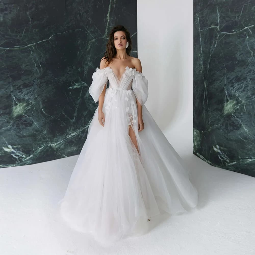 Elegant 3D Flowers Boho Wedding Dresses With Detachable Sleeves Sexy V-Neck Off the Shoulder Beach Brdial Gowns Customized 2025